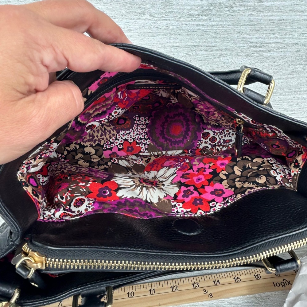 Vera Bradley Black Quilted Emma Leather Satchel Crossbody Bag Floral - Picture 8 of 10